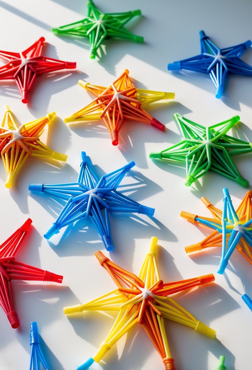 A collection of colorful star-shaped ornaments made from plastic drinking straws arranged on a neutral background.
