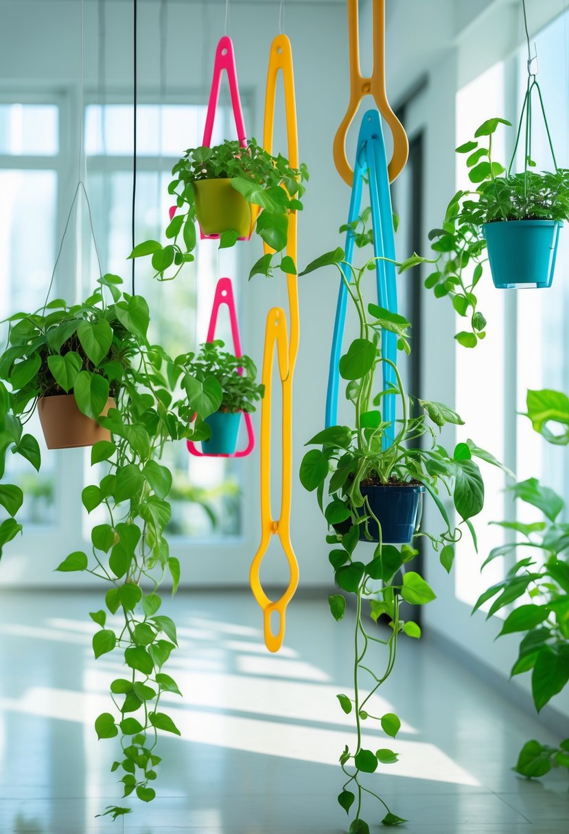 Indoor garden with various green plants hanging from colorful plastic hangers in a bright room.