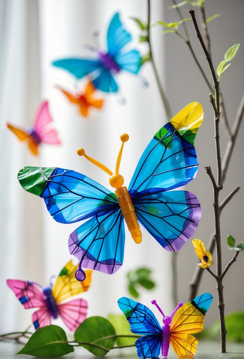 Colorful butterflies made from recycled plastic bags arranged on branches against a soft background.