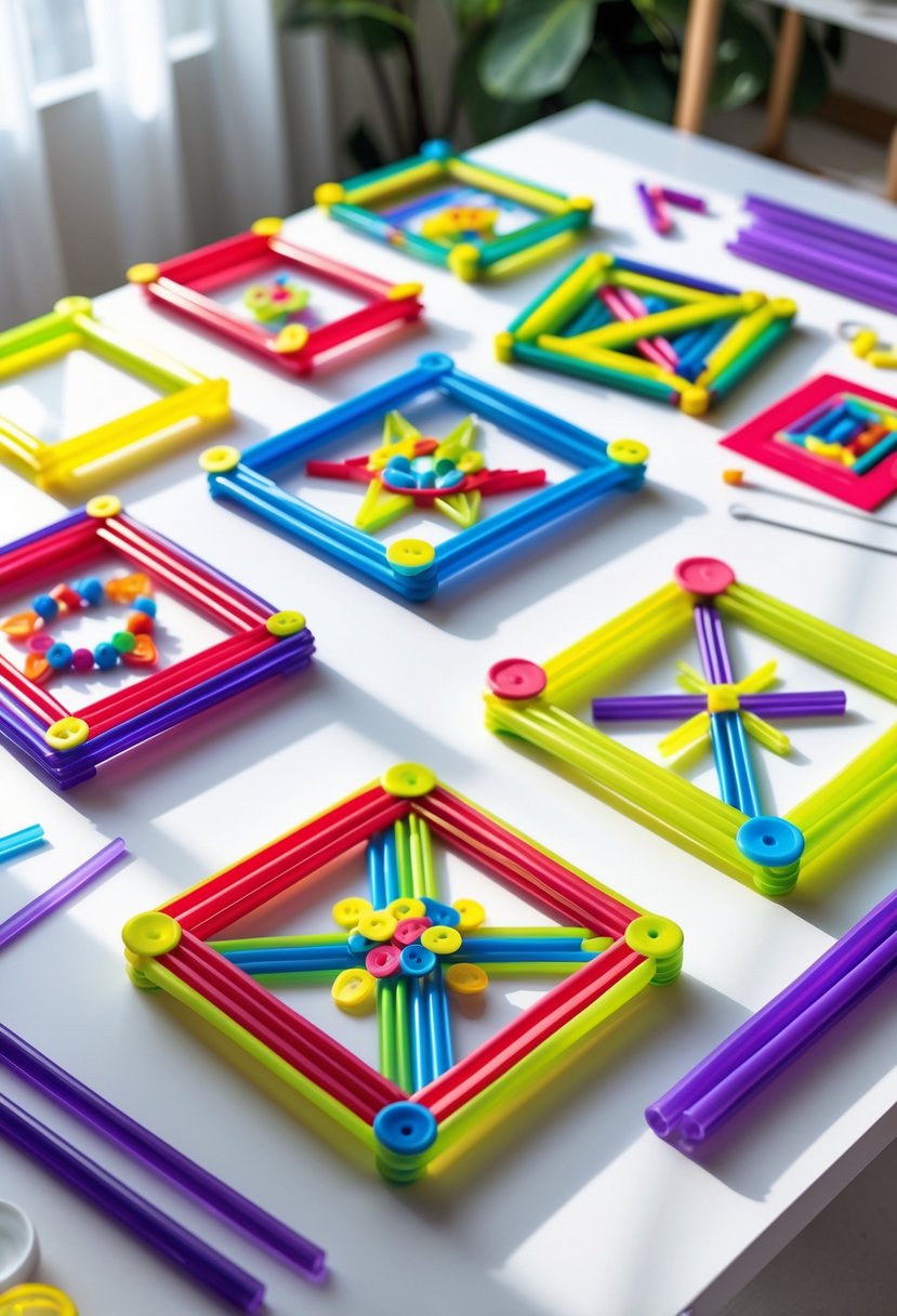 Colorful plastic straw picture frames arranged on a white table with crafting supplies around them.