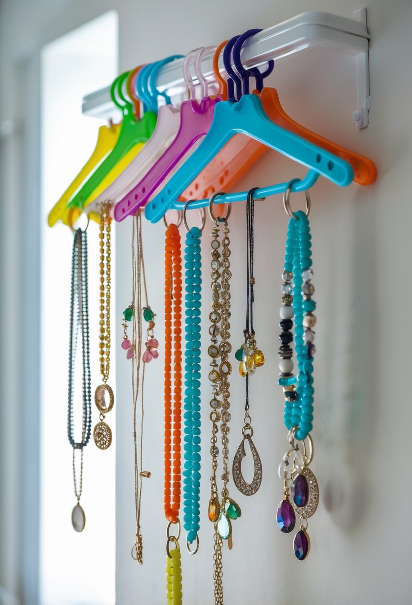 A jewelry organizer made from interconnected plastic hangers holding necklaces, bracelets, earrings, and rings on a wall.