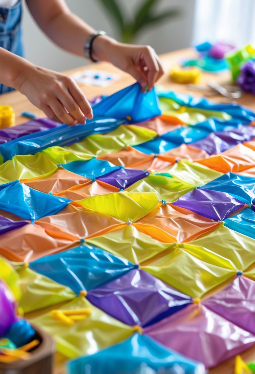 Hands weaving colorful plastic bags into a play mat on a wooden table with craft tools nearby.