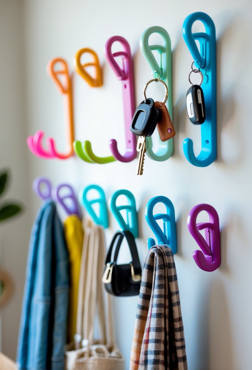 A wall with colorful plastic hooks made from hangers holding keys, bags, scarves, and hats.