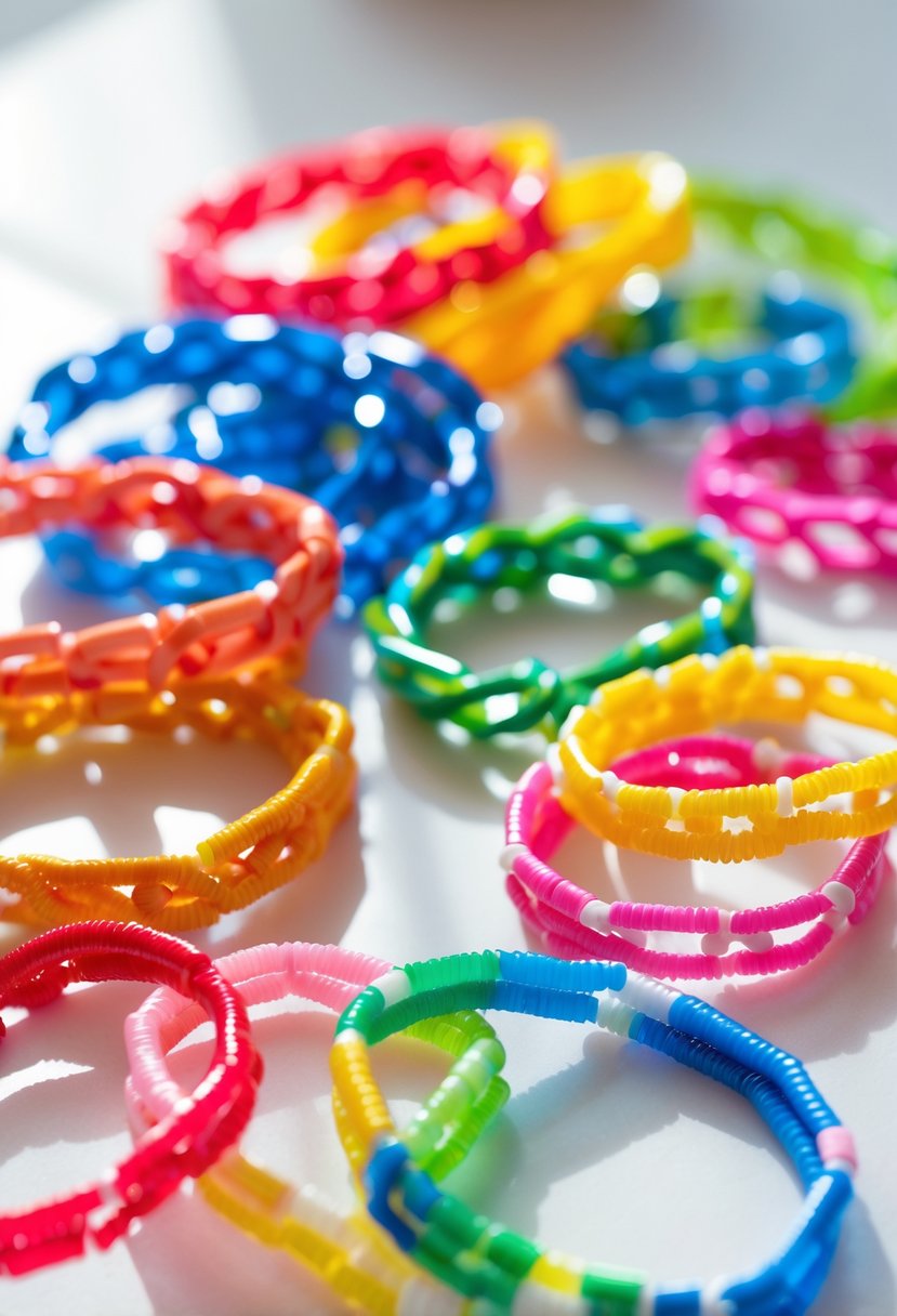 A collection of colorful bracelets made from woven plastic drinking straws arranged on a white surface.