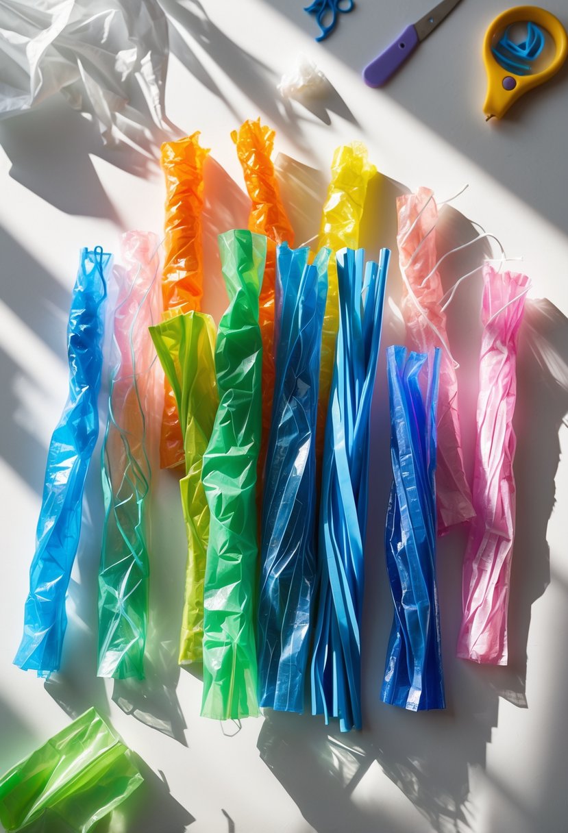 A collection of colorful rain sticks made from shredded plastic bags arranged on a neutral background with crafting tools nearby.