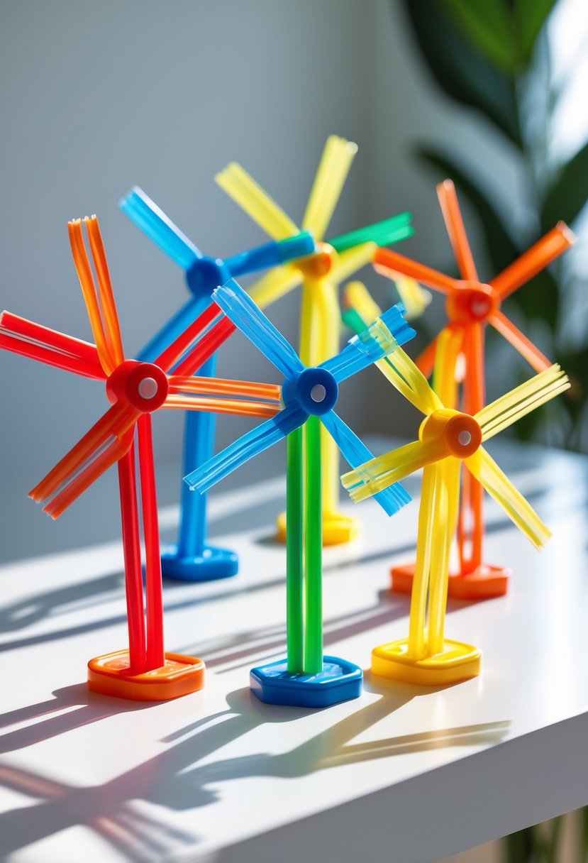 A collection of colorful plastic straw windmill toys arranged on a white surface.