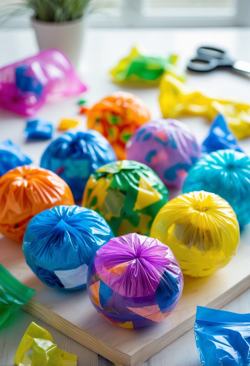 A collection of colorful sensory balls made from upcycled plastic bags arranged on a wooden surface with crafting materials around them.