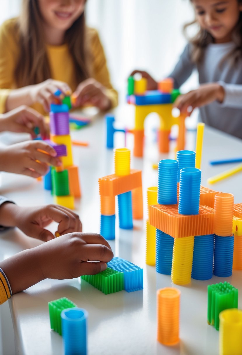 Hands of children and adults building colorful structures using plastic straw blocks on a white table.
