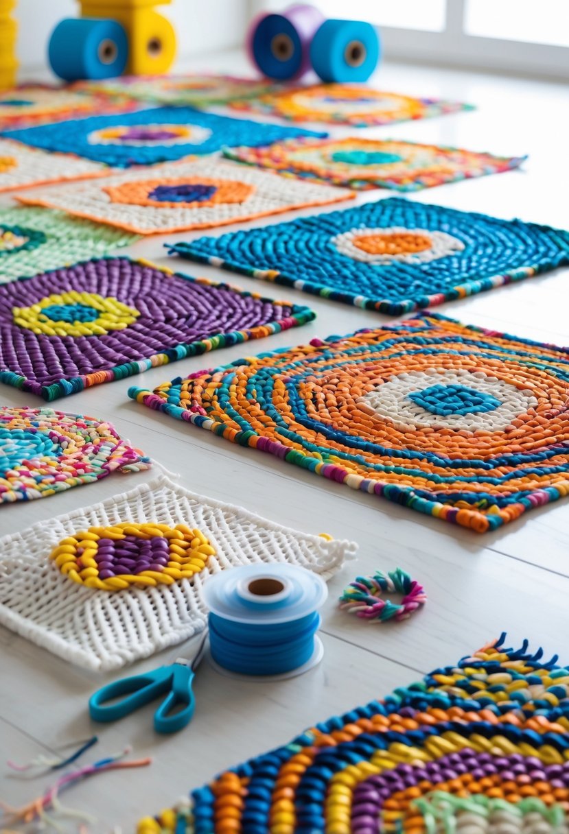 Colorful woven rugs made from recycled plastic bags displayed on a wooden floor with crafting tools nearby.