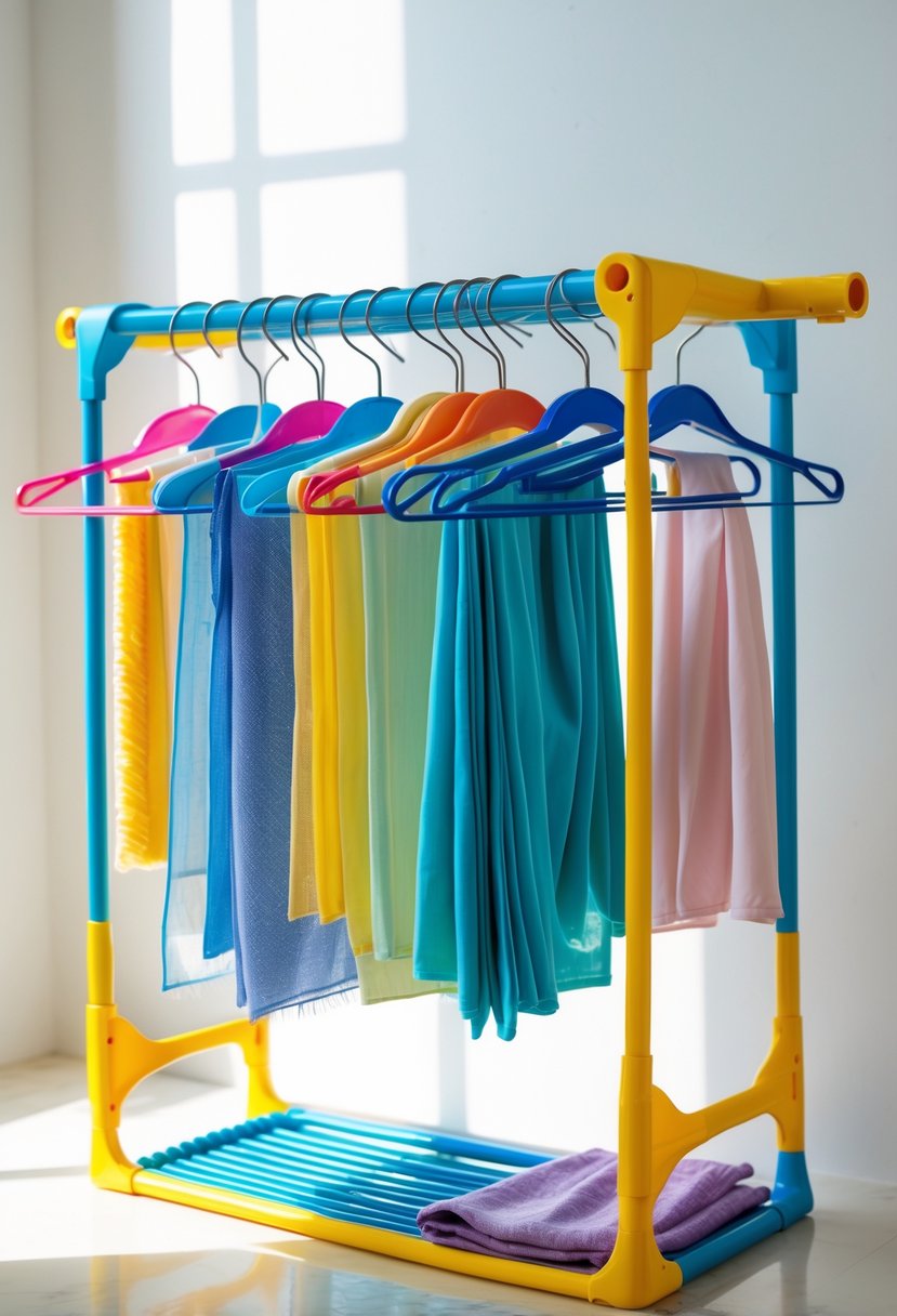 A fabric drying rack made from colorful plastic hangers holding lightweight fabrics and small clothing items.