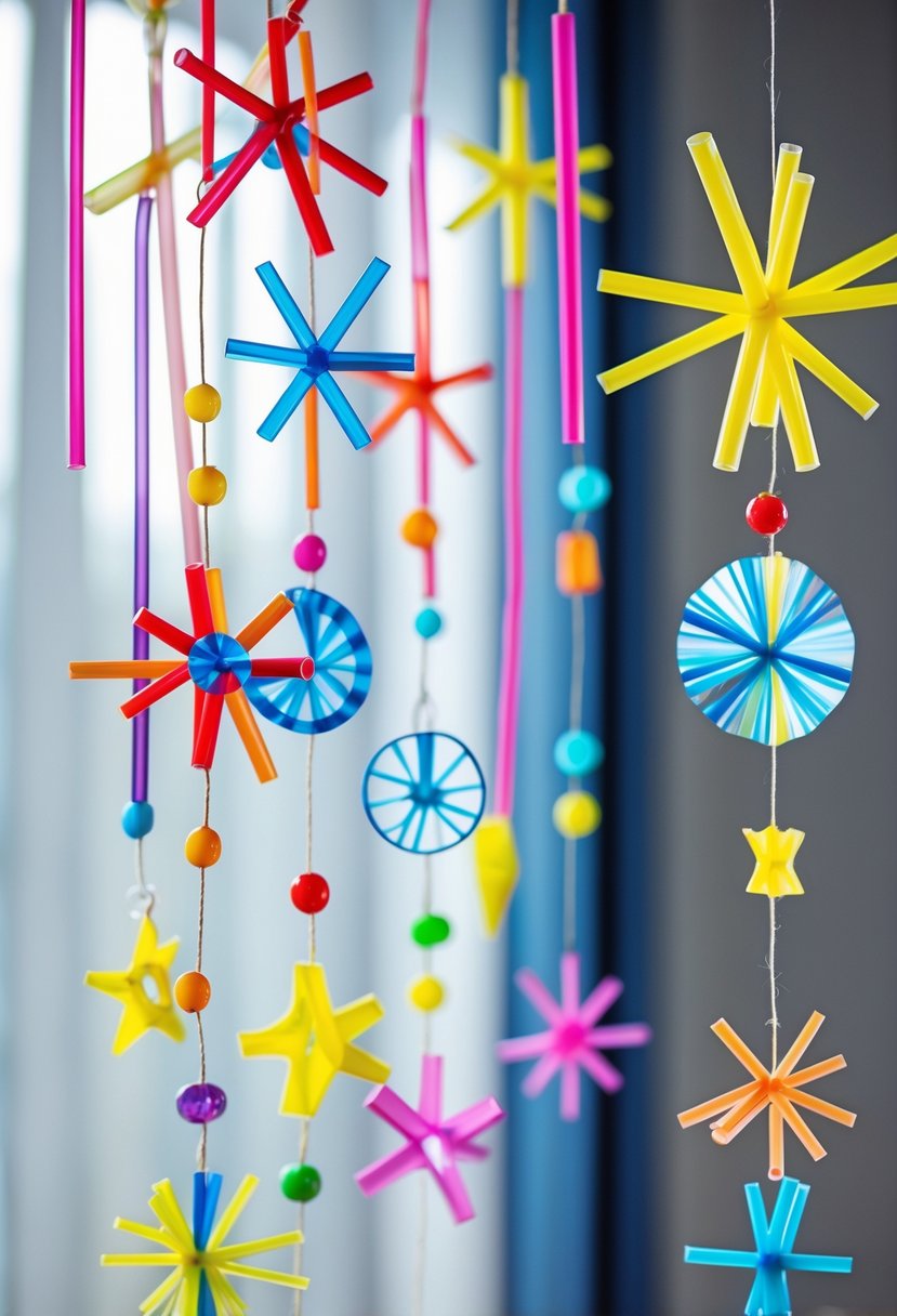 Colorful plastic straw mobiles with various shapes hanging against a neutral background.