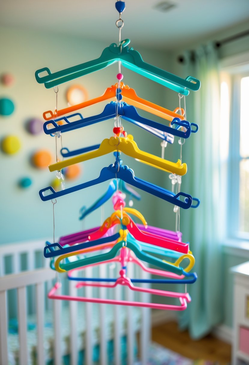 A colorful plastic hanger mobile hanging in a softly lit nursery room above a crib.