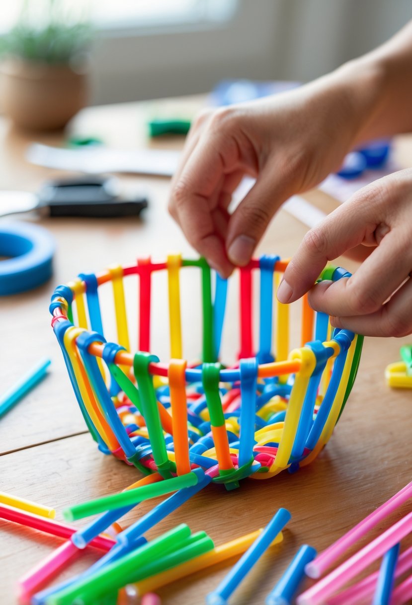 Hands weaving colorful plastic straws into a small basket on a wooden table with crafting materials nearby.