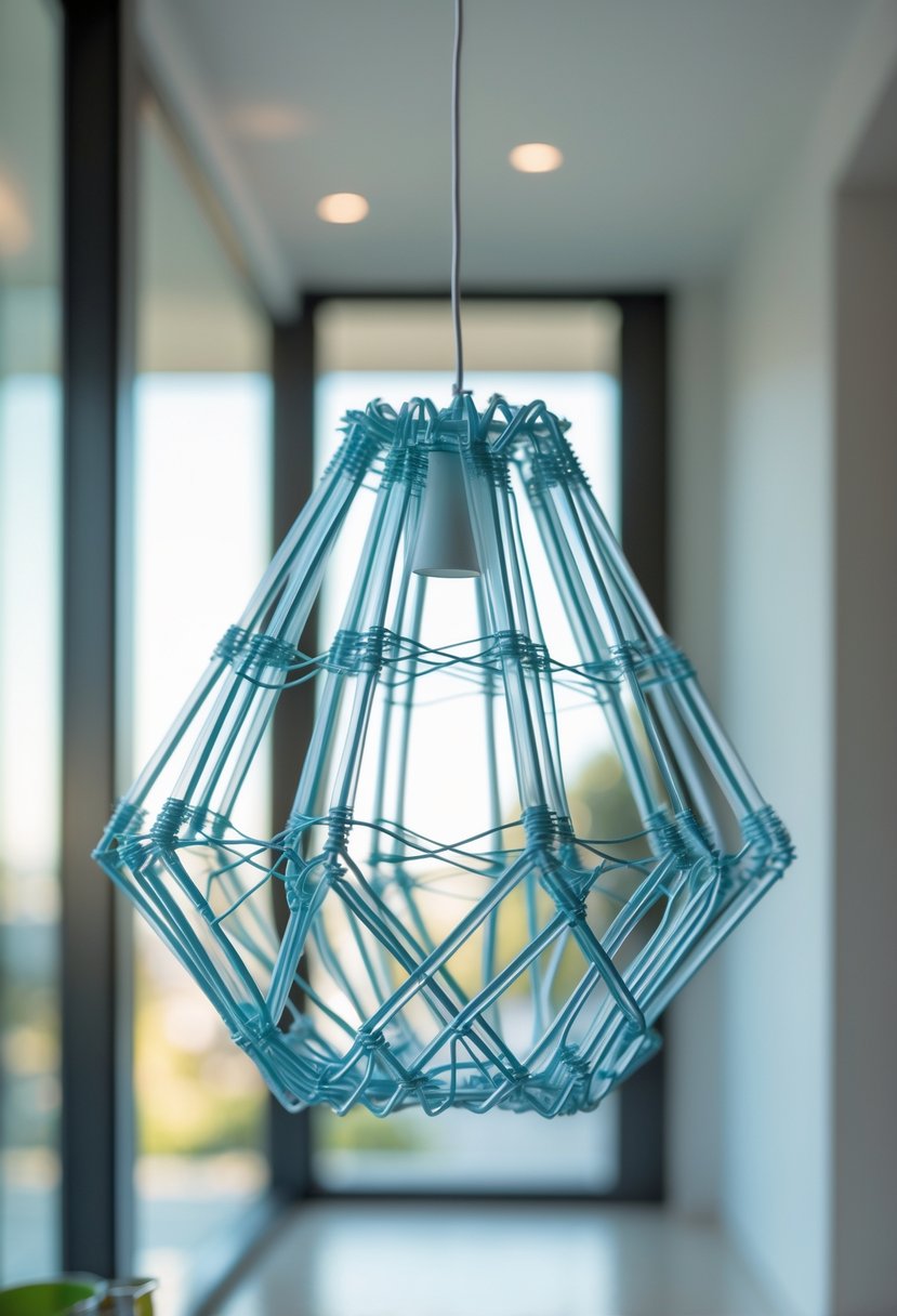 A wire frame lampshade made from plastic hangers hanging in a modern interior.