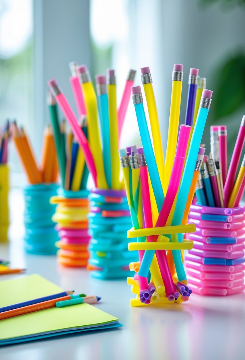 A collection of colorful plastic straw pencil holders filled with pencils and pens on a white desk.