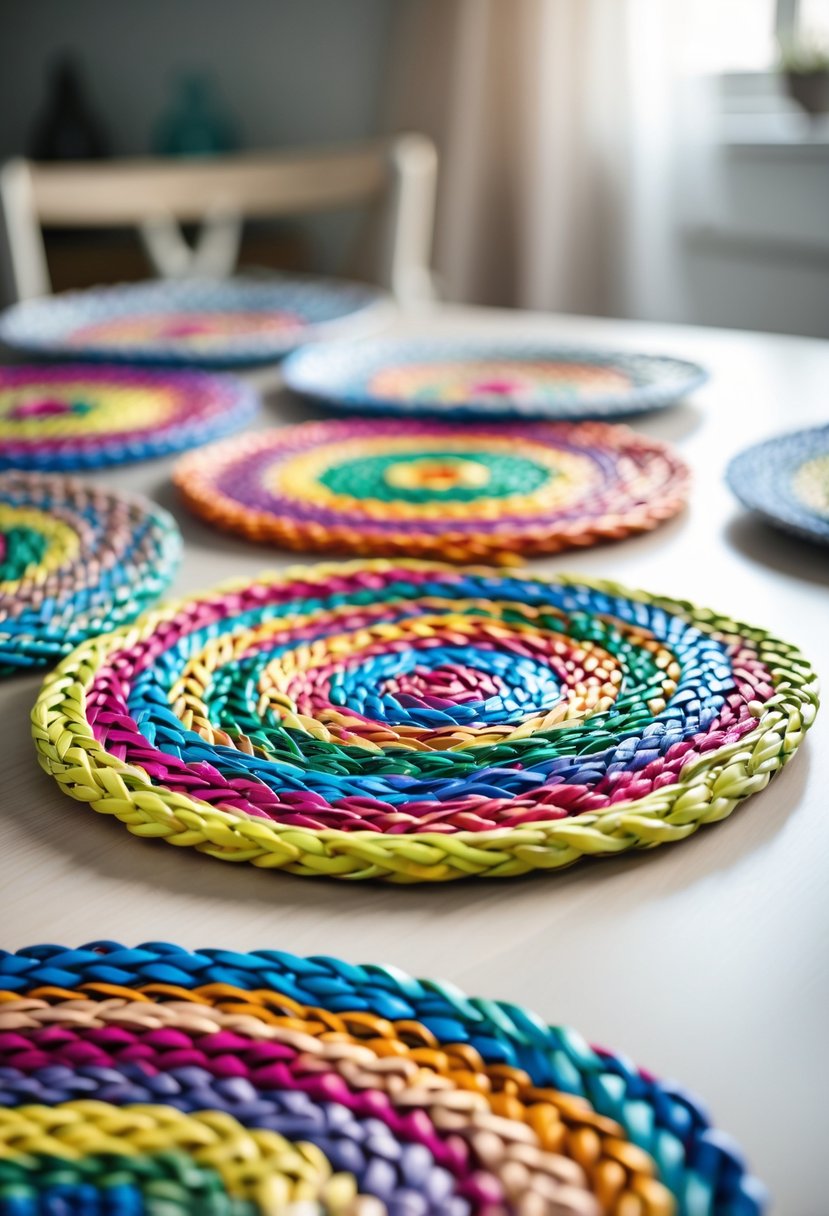 Close-up of colorful woven placemats made from recycled plastic bags arranged on a wooden table.