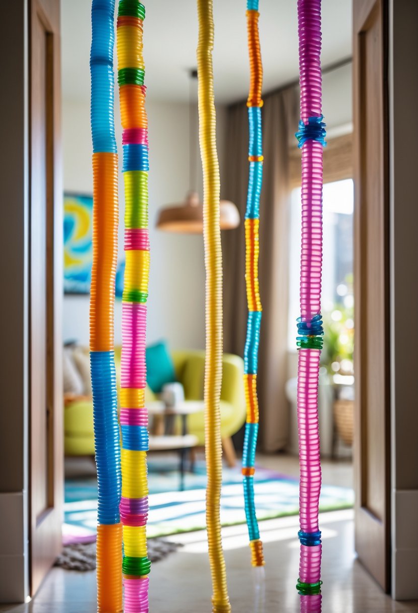 Colorful plastic straw beaded curtains hanging in a doorway with a modern interior in the background.