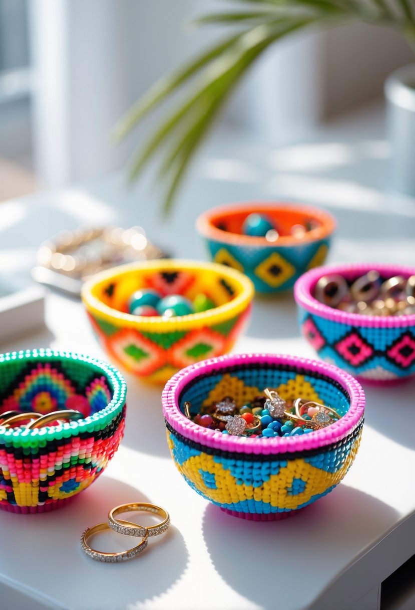 Several small colorful Perler bead bowls holding rings, earrings, and bracelets on a white surface.