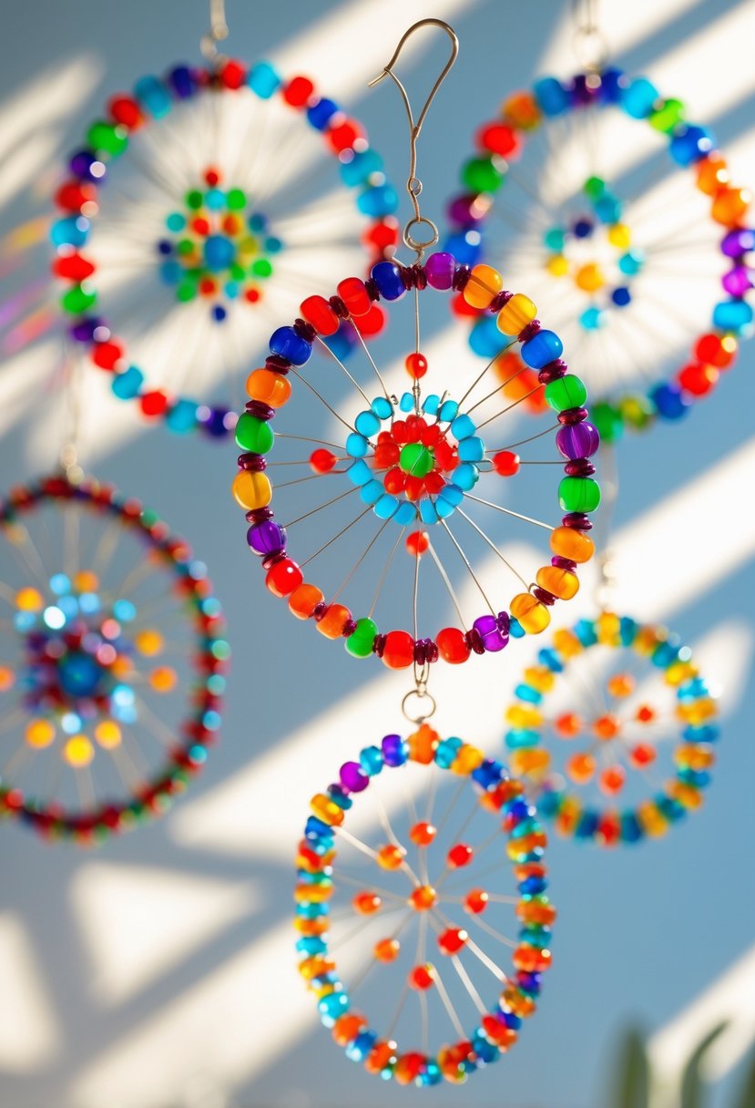 Colorful beaded sun catchers hanging and catching sunlight, displaying bright patterns made with plastic beads and wire frames.
