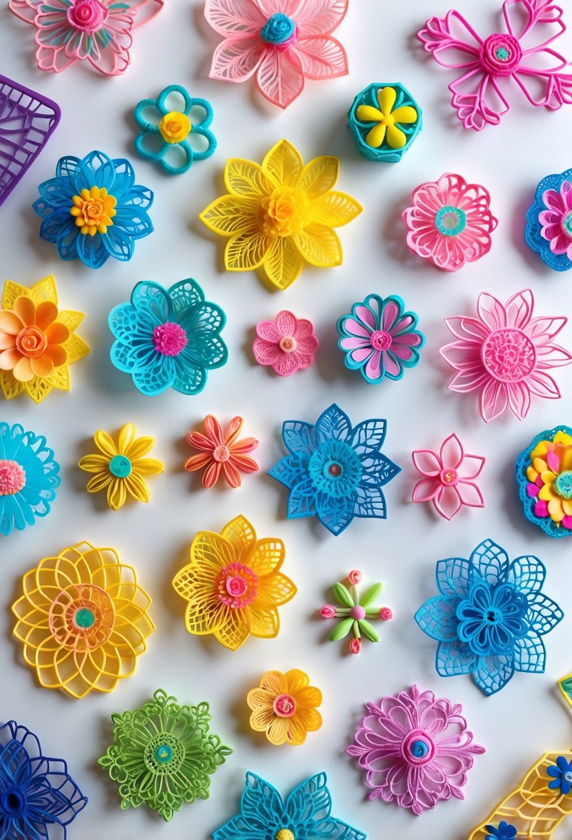 A collection of 15 colorful decorative plastic lace craft pieces arranged on a white surface.