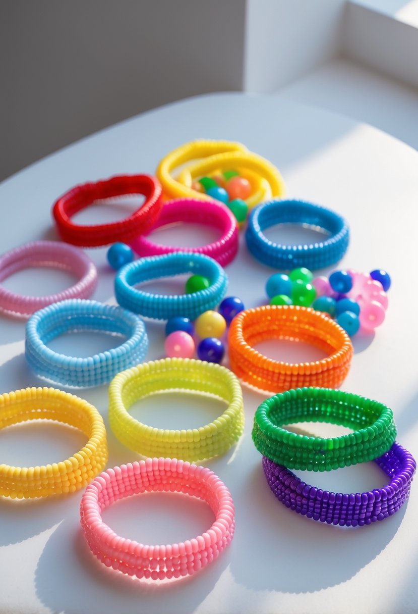 A group of colorful plastic bead bracelets arranged on a white surface.