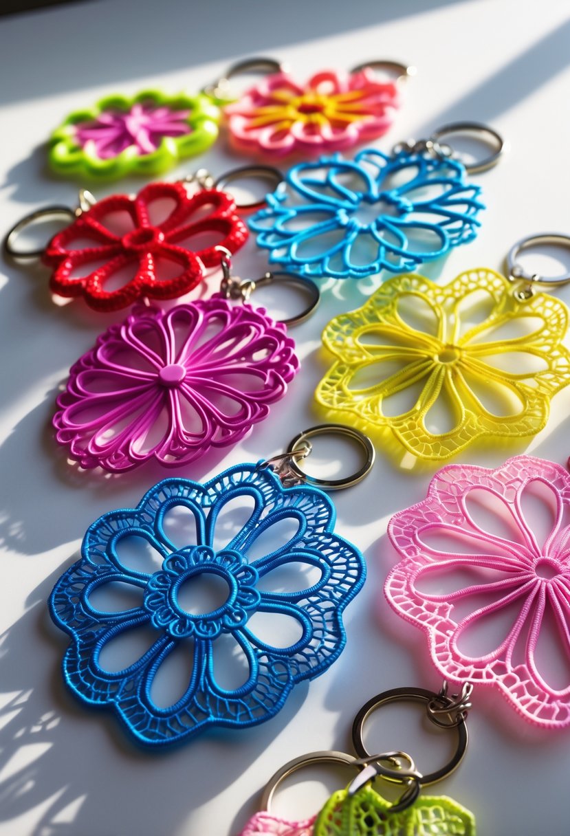 A collection of colorful plastic lace keychains arranged on a white surface.