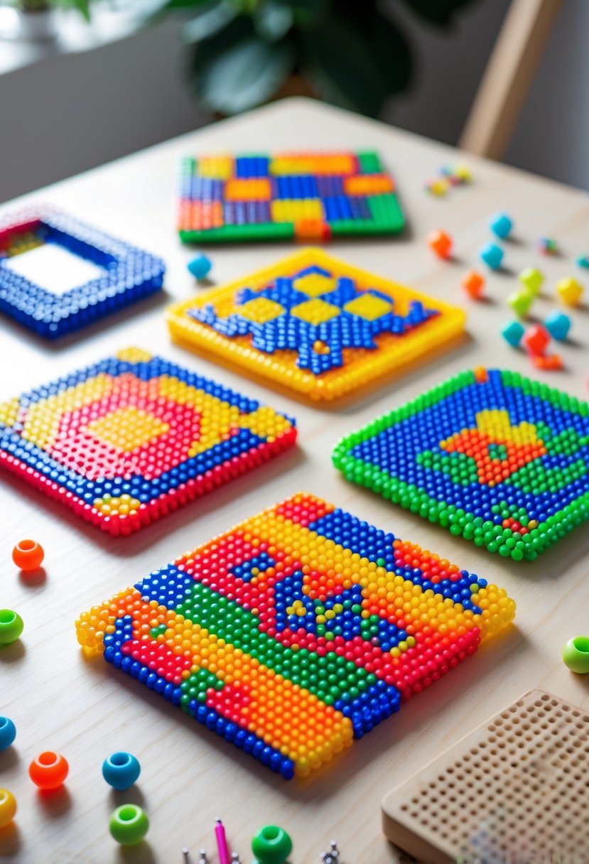 Colorful pixel art coasters made from plastic beads arranged on a wooden table with scattered beads and crafting tools nearby.