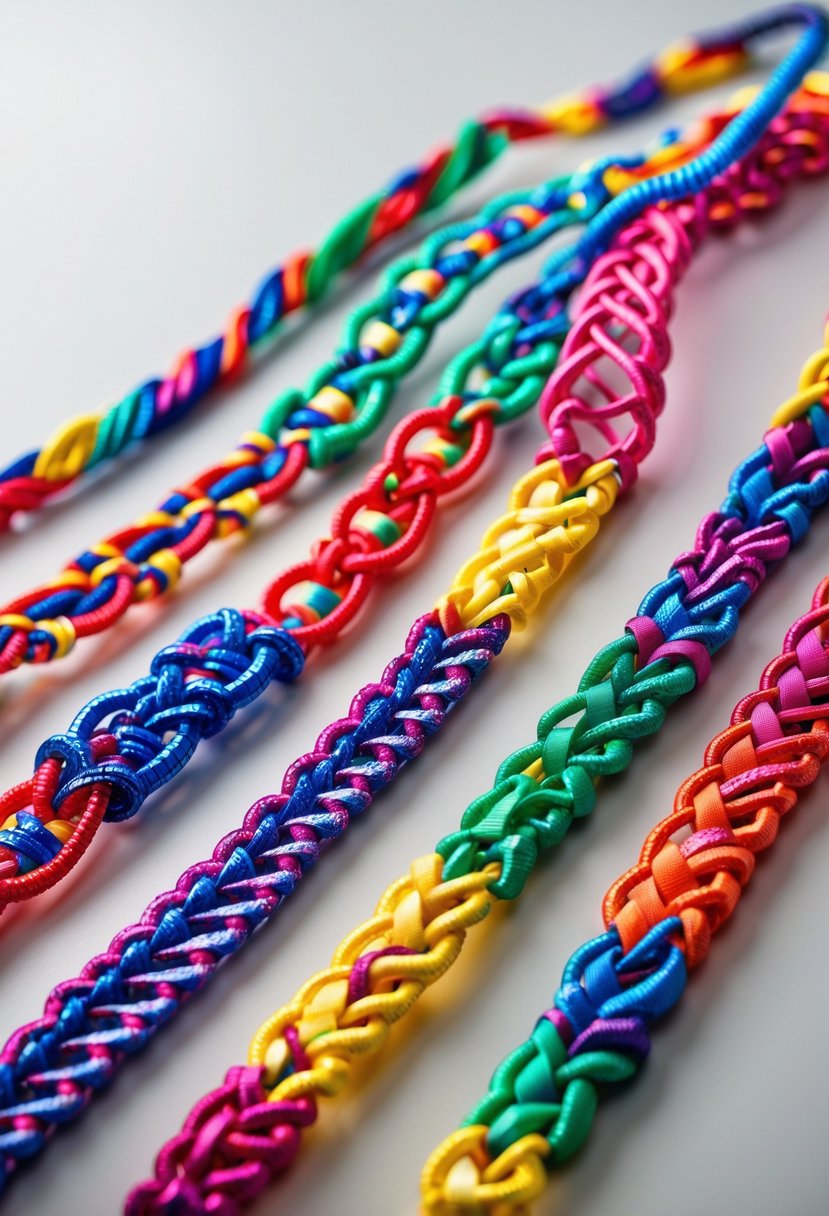 A close-up view of several colorful braided plastic lace bracelets arranged on a plain background.