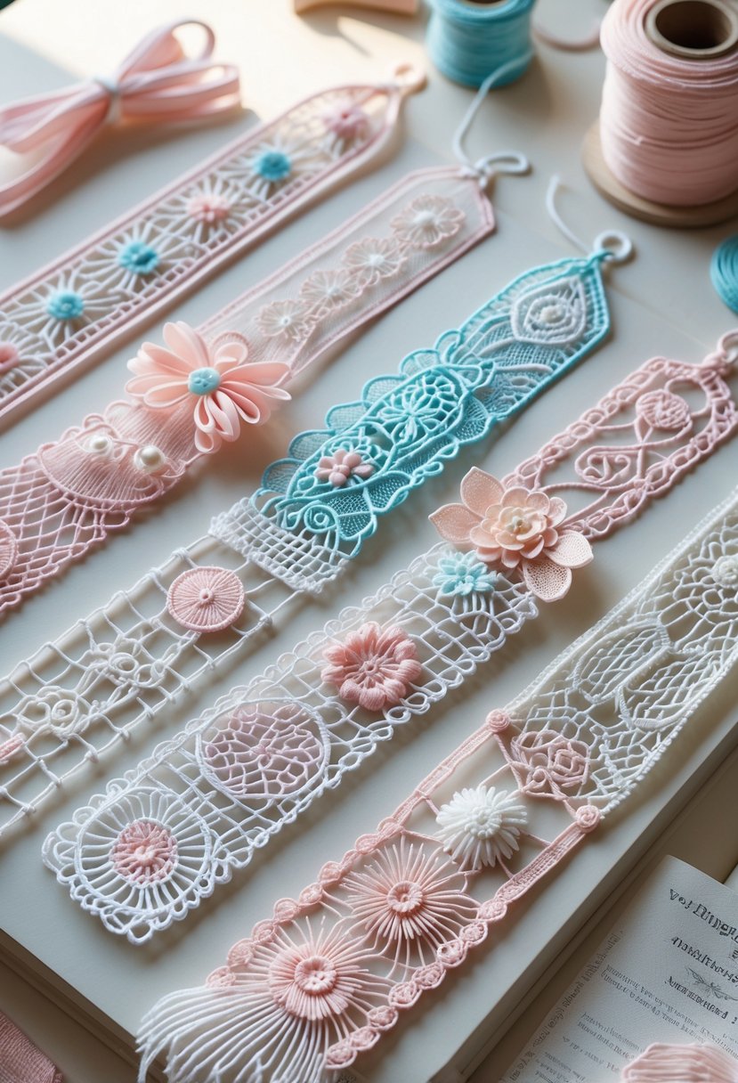 A collection of colorful decorative plastic lace bookmarks with intricate patterns arranged on a light wooden surface.