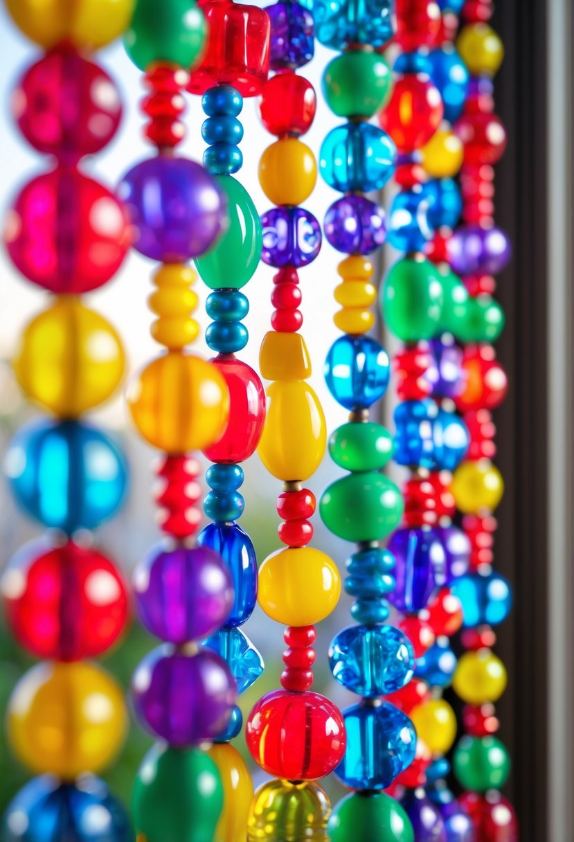 Close-up of a colorful plastic beaded curtain hanging in a doorway with beads in multiple bright colors.