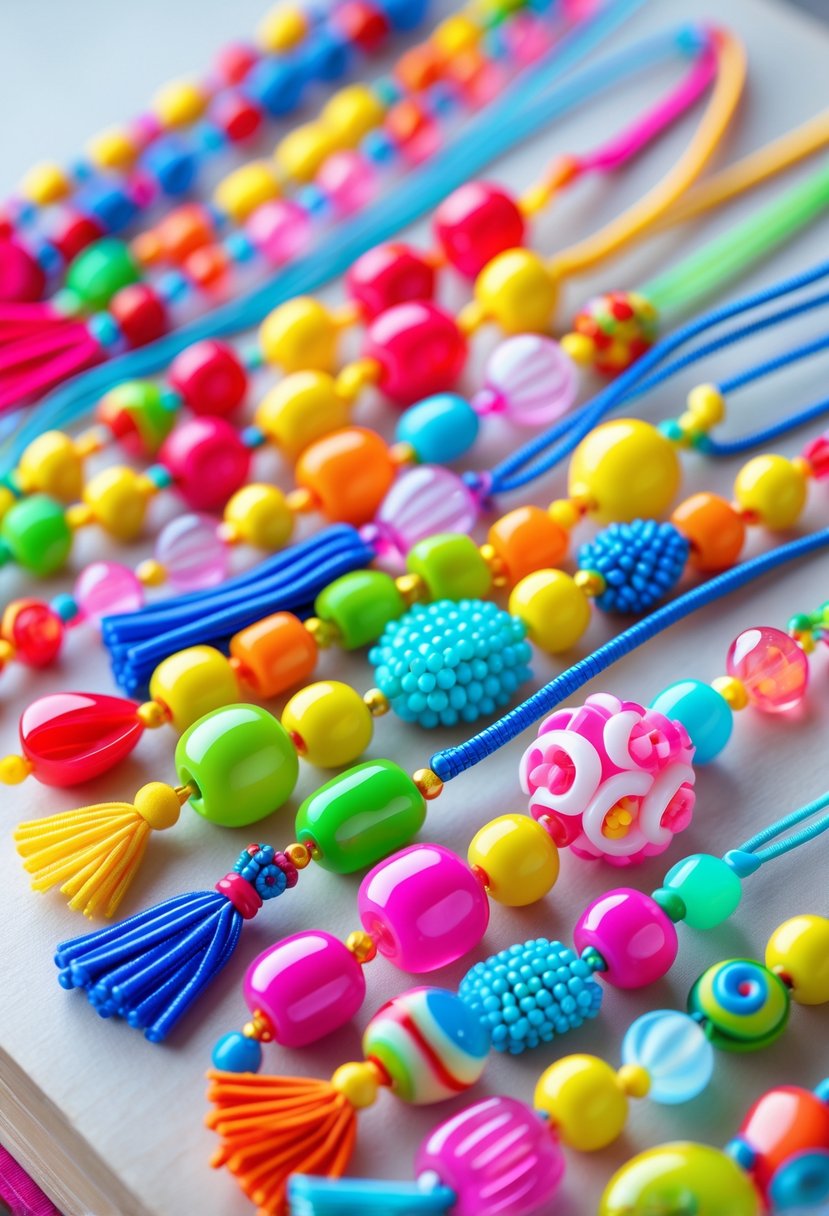 A collection of colorful plastic bead bookmarks arranged on a wooden surface.