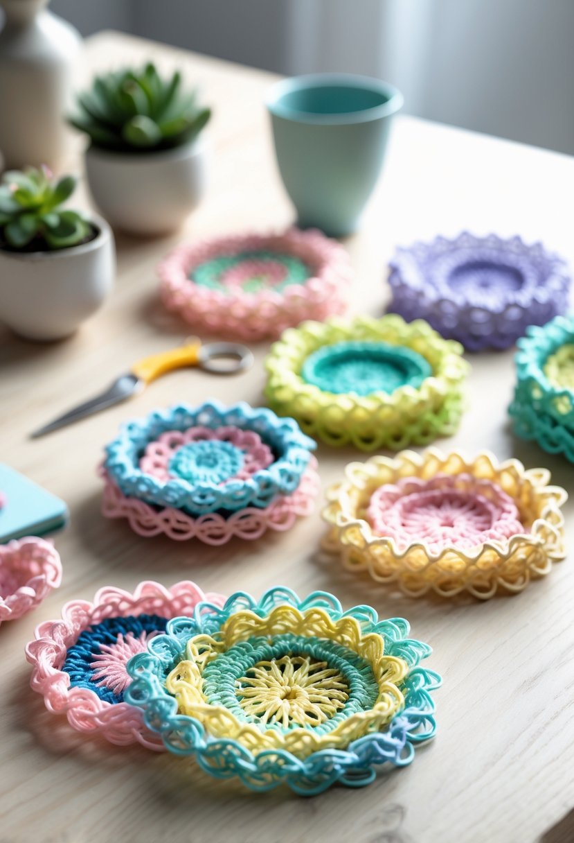 A set of colorful coiled plastic lace coasters arranged on a wooden table with small plants and crafting tools nearby.