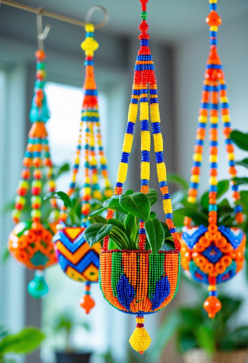Several colorful beaded plant hangers holding green plants, hanging indoors against a blurred background.