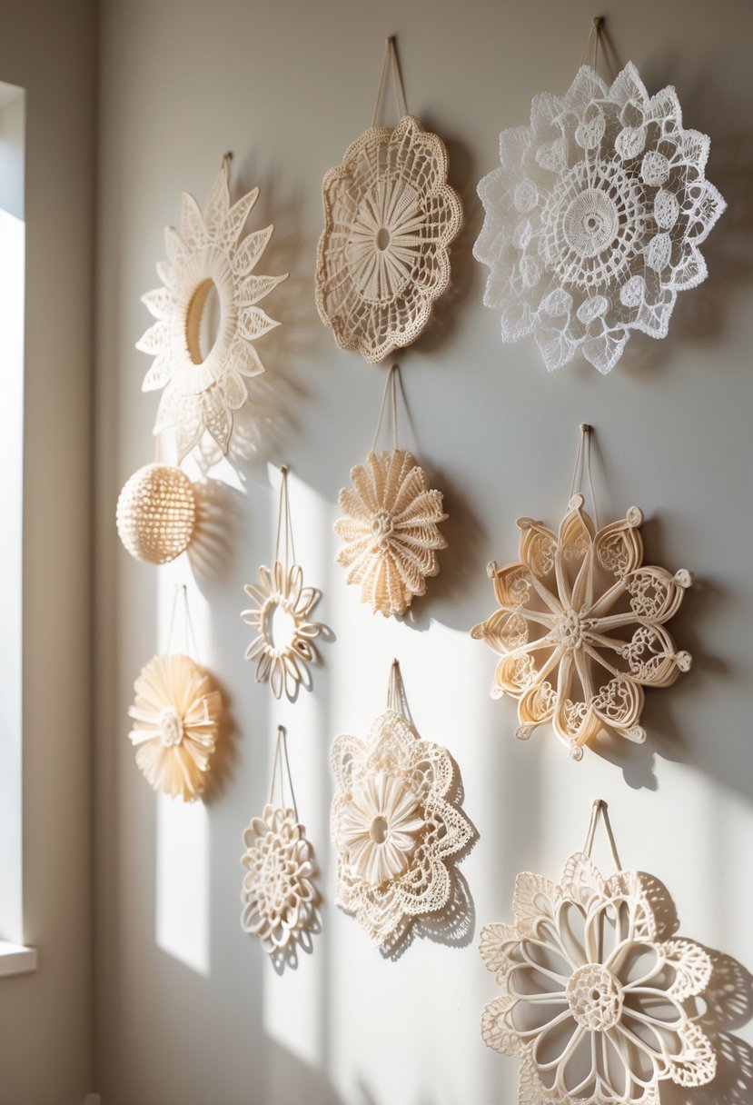 A display of 15 decorative plastic lace wall hangings arranged on a neutral wall, showcasing various intricate patterns and shapes.