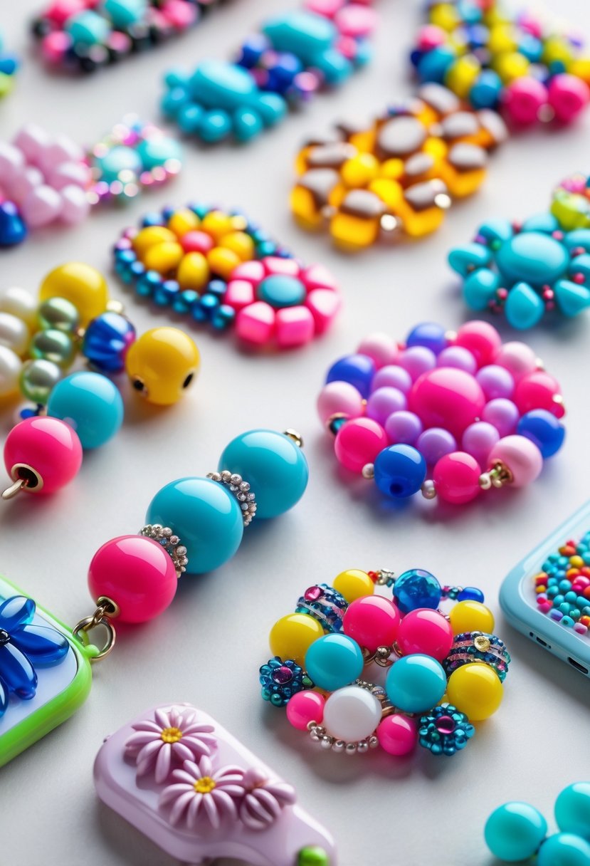 A collection of colorful plastic beaded phone charms arranged on a neutral surface.