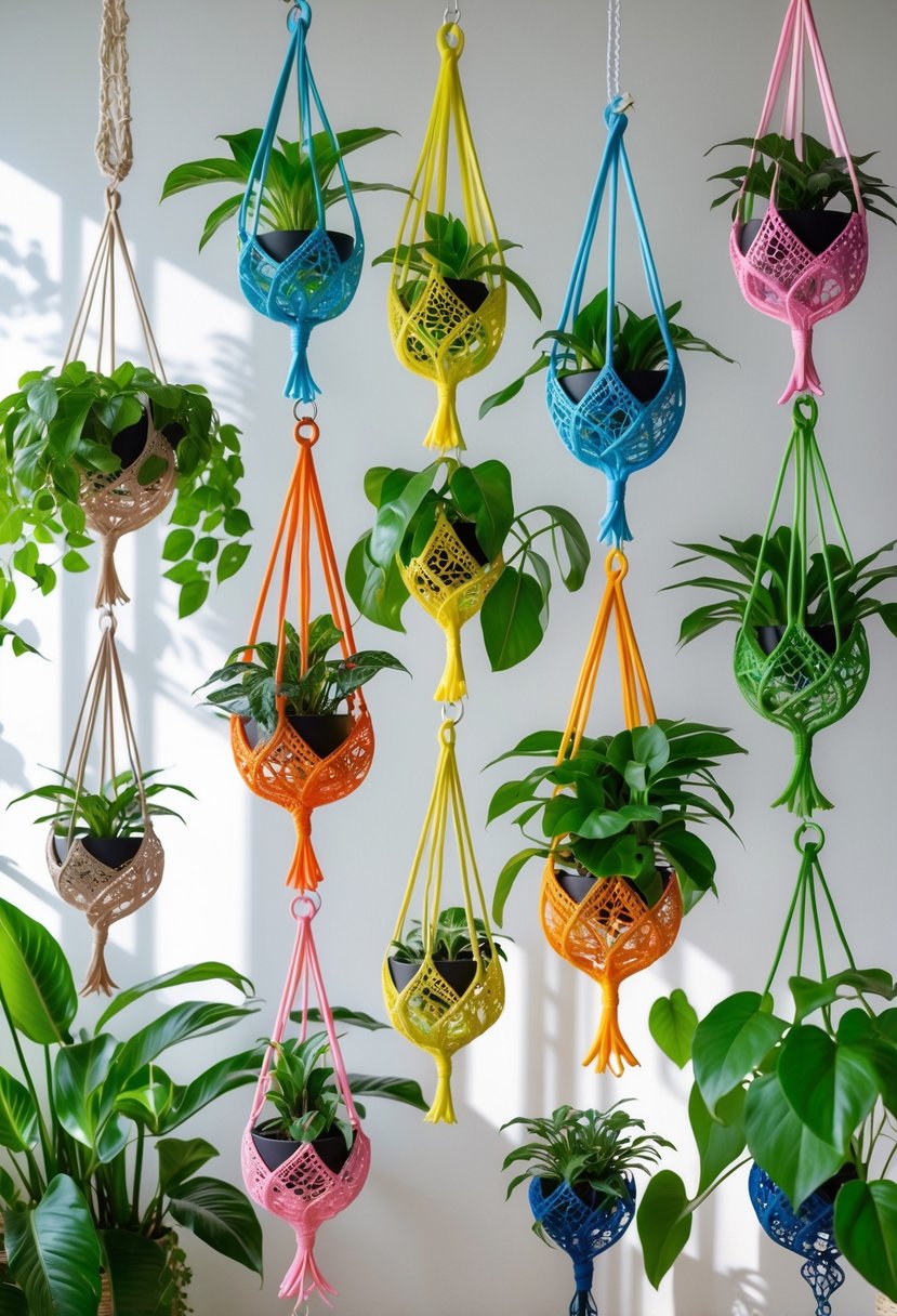 A collection of colorful twisted plastic lace plant hangers holding green indoor plants against a plain background.