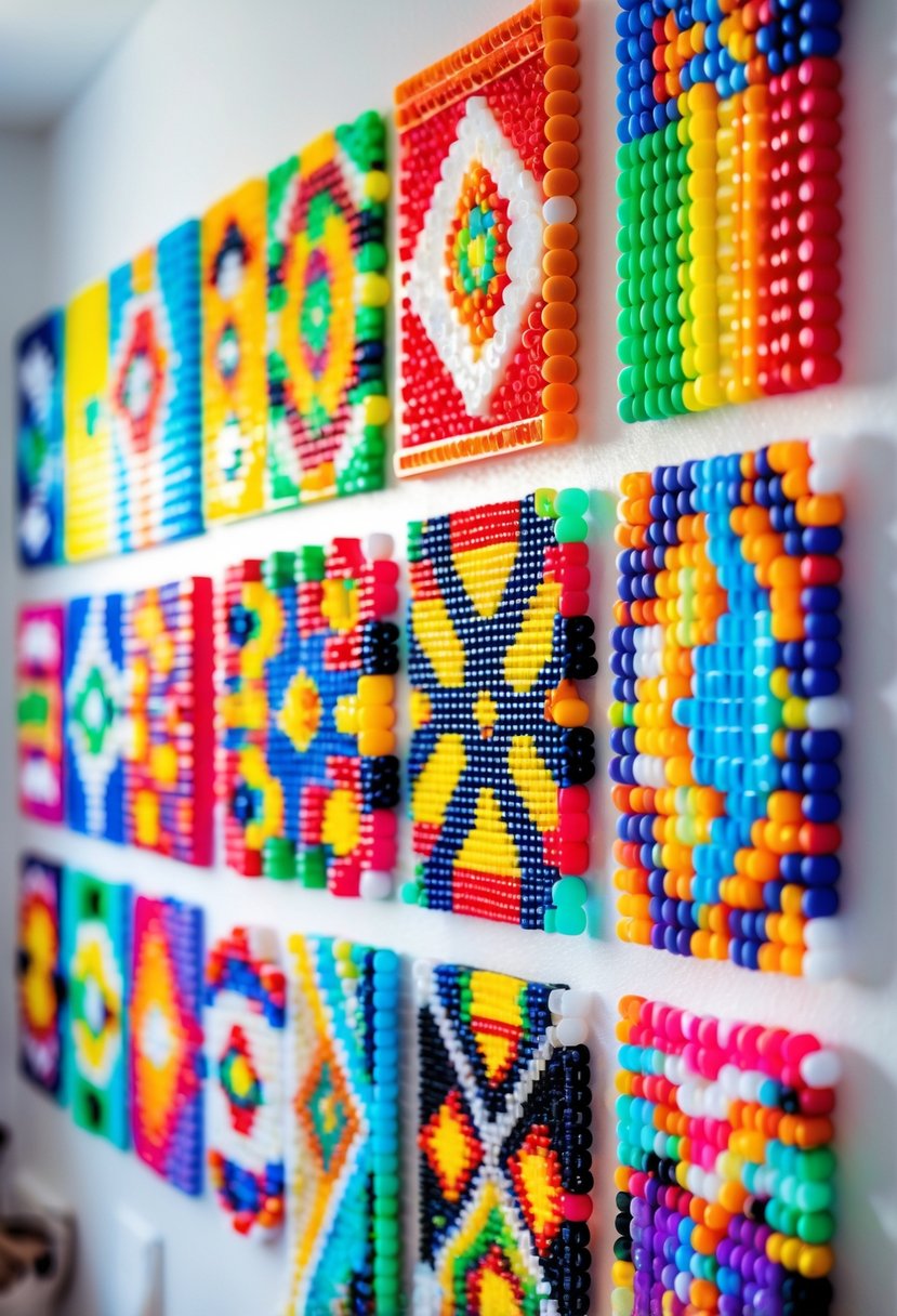 Colorful Perler bead wall art panels arranged on a white wall.