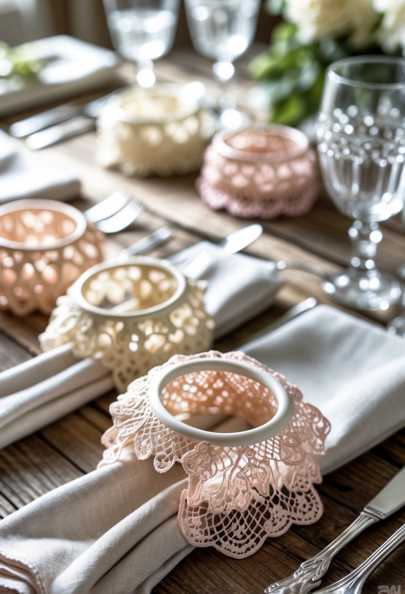 A table set with cloth napkins held by decorative plastic lace napkin rings, surrounded by silverware and glassware.