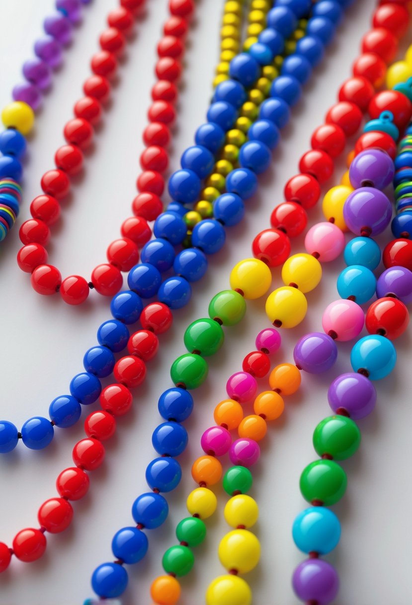 A close-up of several colorful layered plastic bead necklaces arranged on a plain background.