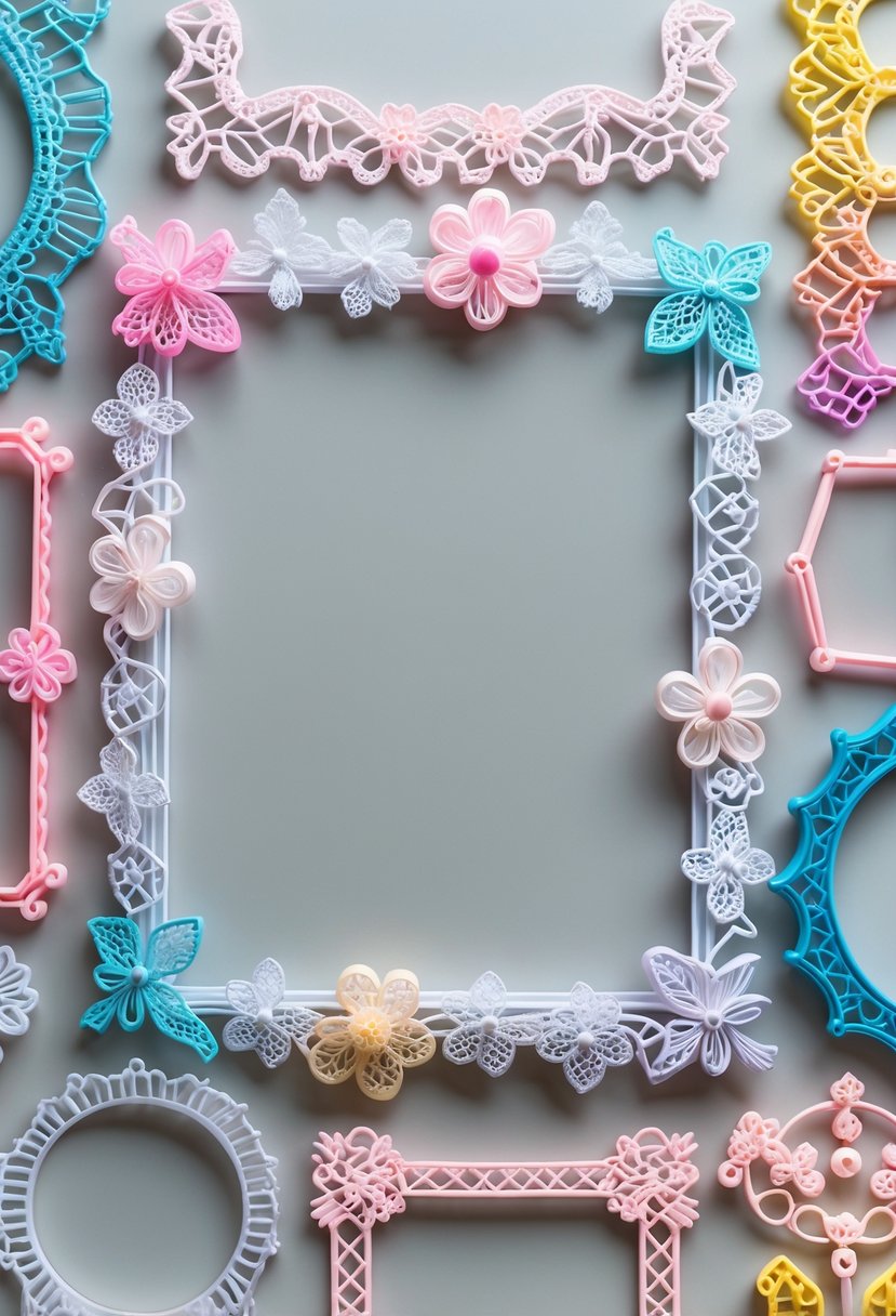 A collection of decorative plastic lace picture frame borders arranged on a neutral background.