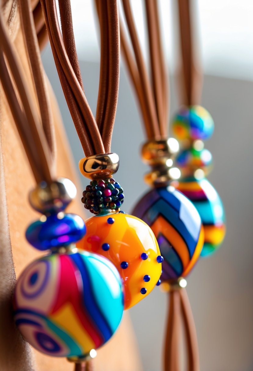 Close-up of colorful beaded pendant necklaces on brown leather cords arranged on a neutral background.