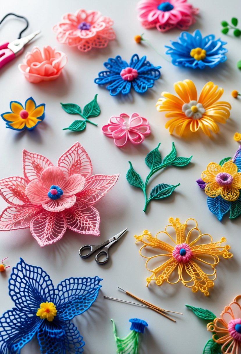 A collection of colorful floral plastic lace crafts arranged with crafting tools on a neutral background.