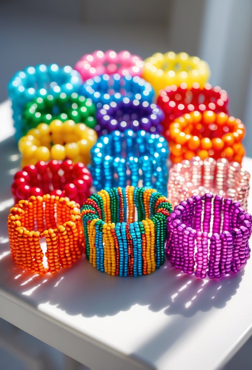 A collection of colorful plastic beaded napkin rings arranged on a white surface.