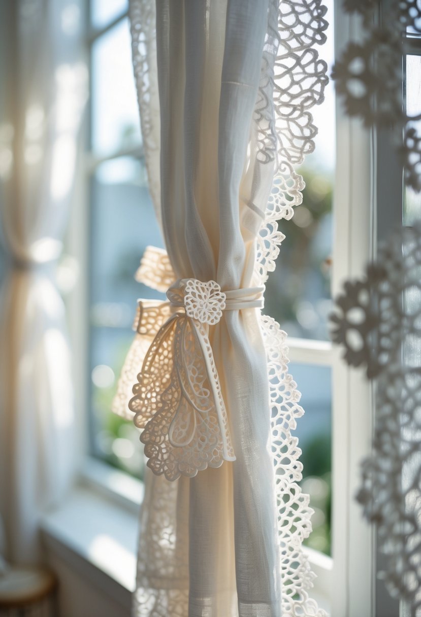 Close-up of plastic lace curtain tiebacks holding back sheer white curtains in a sunlit room.