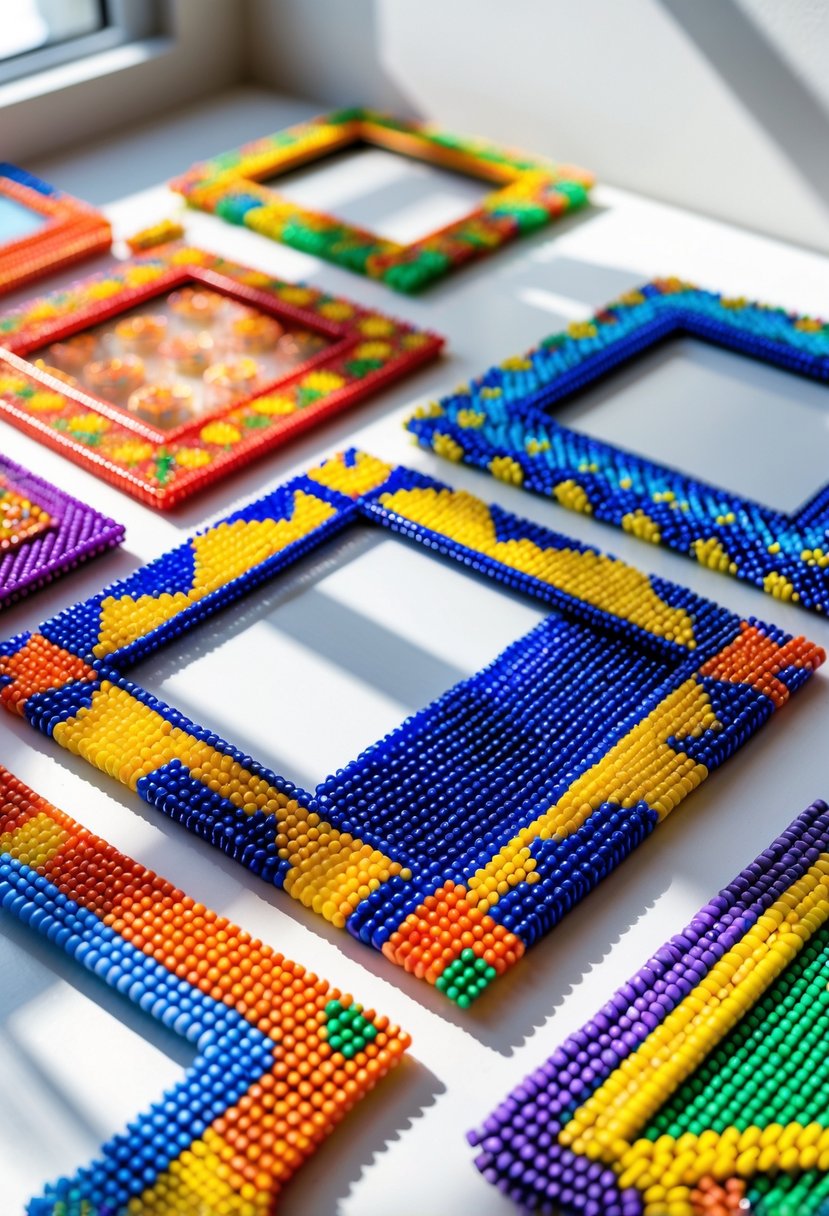 A collection of colorful plastic bead mosaic picture frames arranged on a white surface.