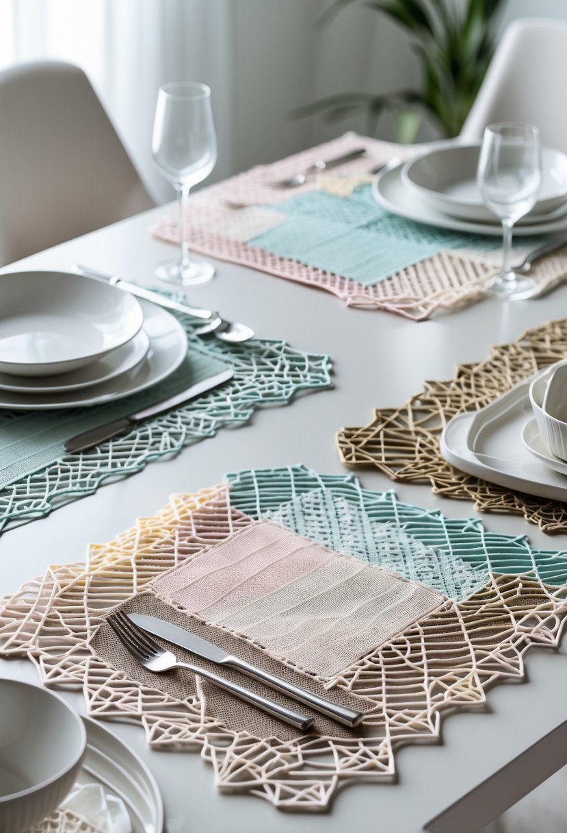 A dining table set with geometric patterned plastic lace placemats, white plates, silver cutlery, and clear glasses.