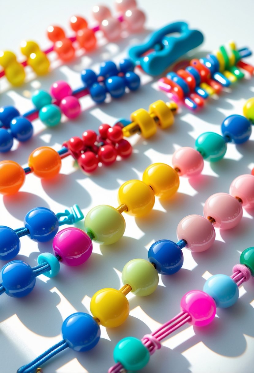 Colorful pony bead hair accessories arranged on a white surface.