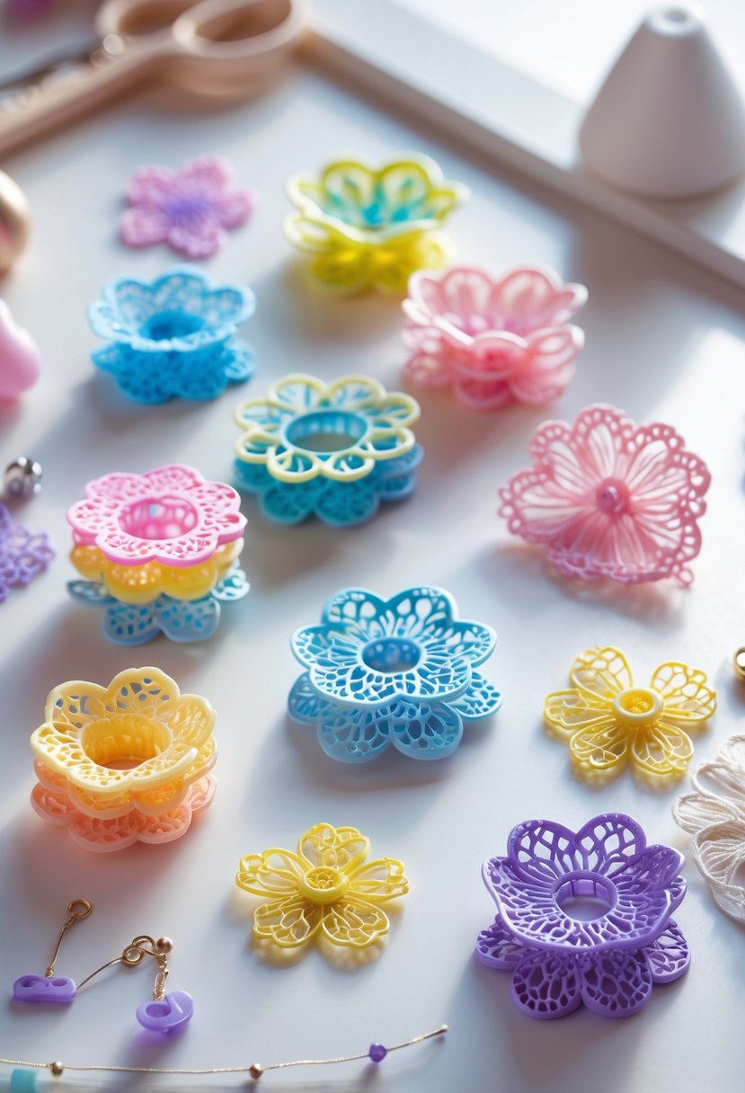 A close-up of colorful layered plastic lace jewelry charms arranged on a white surface with crafting tools nearby.