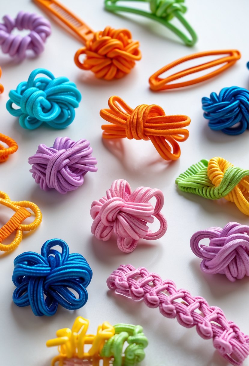 A collection of colorful knotted plastic lace hair accessories arranged on a neutral background.