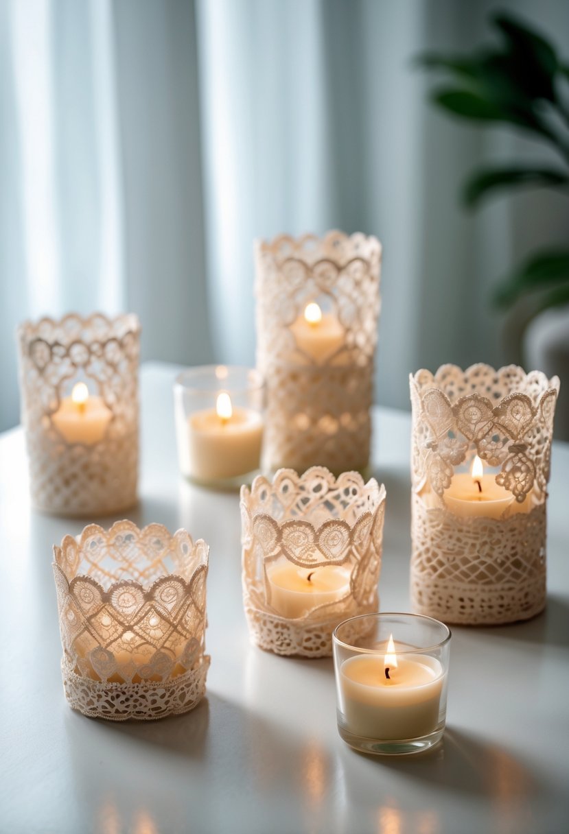 A group of candle holders wrapped in decorative plastic lace with lit candles glowing softly on a neutral surface.